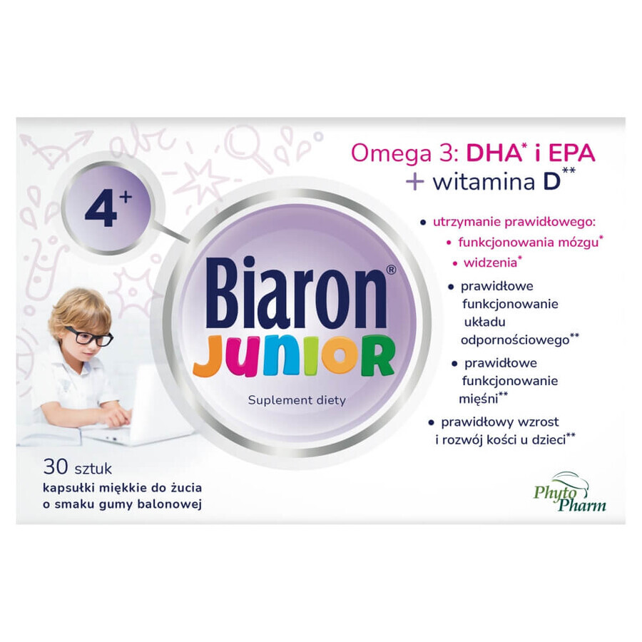 Biaron Junior, for children over 4 years and adults, bubblegum fruit flavor, 30 chewable capsules