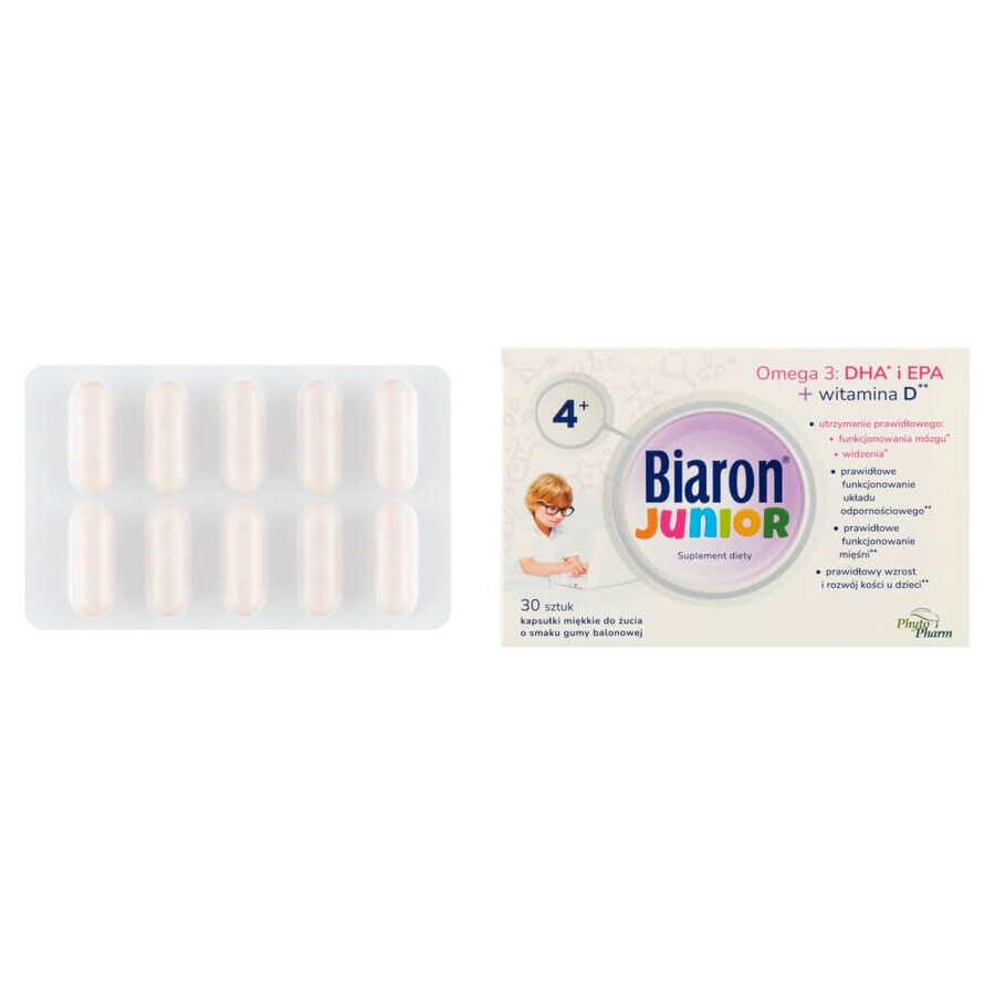 Biaron Junior, for children over 4 years and adults, bubblegum fruit flavor, 30 chewable capsules