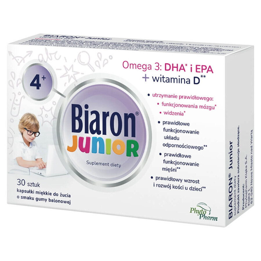 Biaron Junior, for children over 4 years and adults, bubblegum fruit flavor, 30 chewable capsules