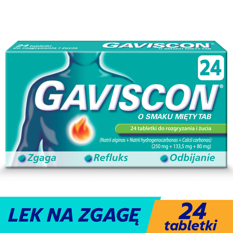 Gaviscon sabor a menta Tab 250 mg + 133,5 mg + 80 mg, 24 comprimidos masticables