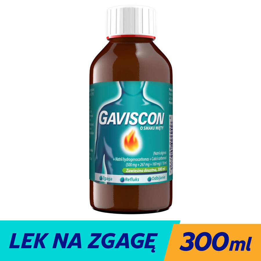 Gaviscon sabor menta (500 mg + 267 mg + 160 mg)/ 10 ml, suspensión oral, 300 ml