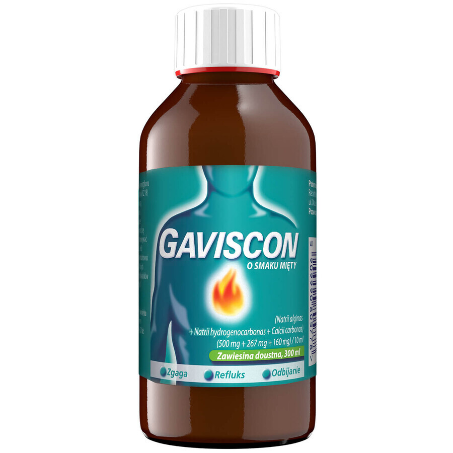 Gaviscon sabor menta (500 mg + 267 mg + 160 mg)/ 10 ml, suspensión oral, 300 ml