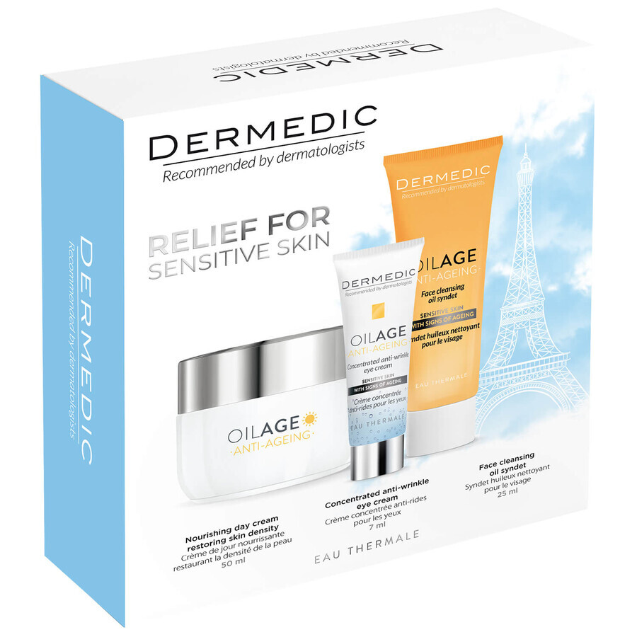 Set Dermedic Oilage Anti-Edad, crema nutritiva de día, 50 ml + syndet aceite lavacara, 25 ml + crema contorno de ojos, 7 ml