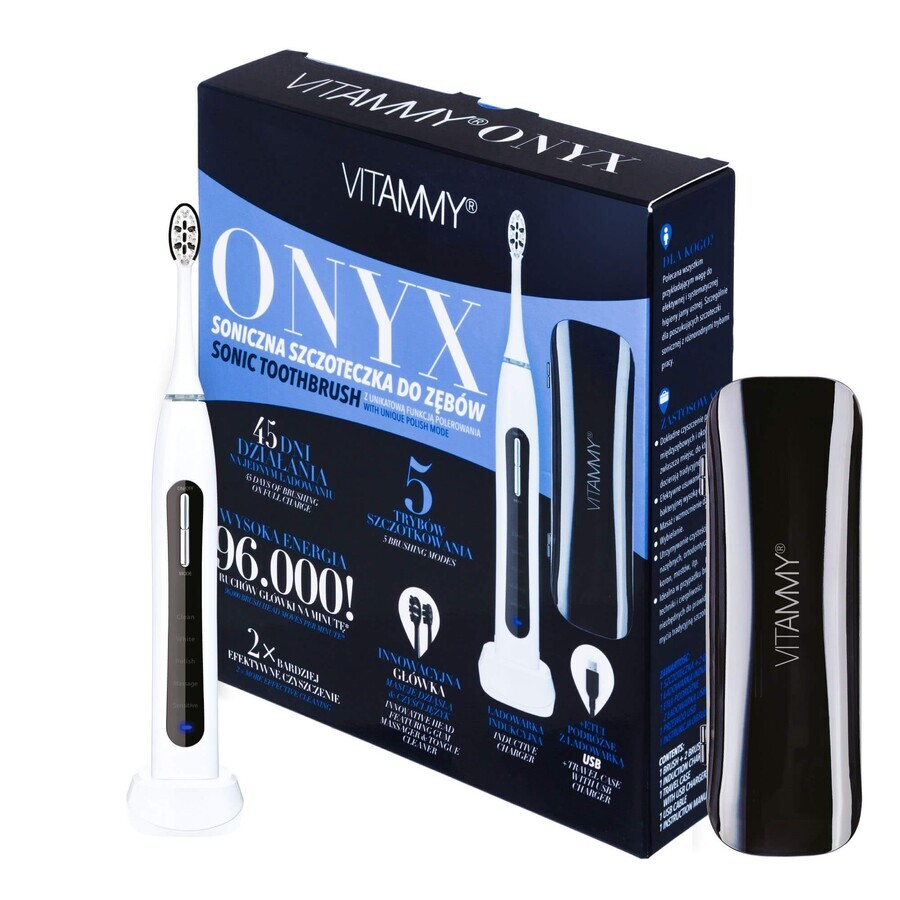 Vitammy Onyx, cepillo de dientes sónico, blanco y negro + estuche, 1 ud.