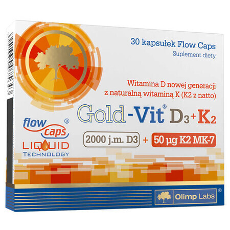 Olimp Gold-Vit D3 + K2, vitamina D 2000 UI + vitamina K 50 µg, 30 cápsulas