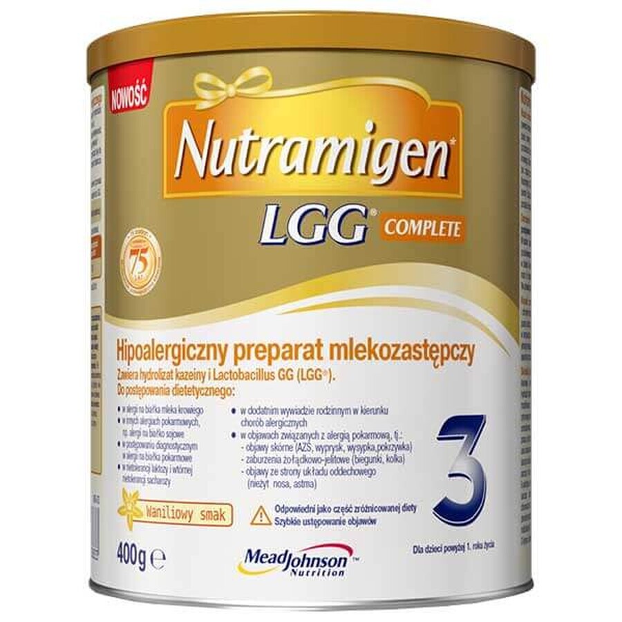 Nutramigen 3 LGG Complete, aliment d'allaitement hypoallergénique, plus de 1 an, saveur vanille, 400 g