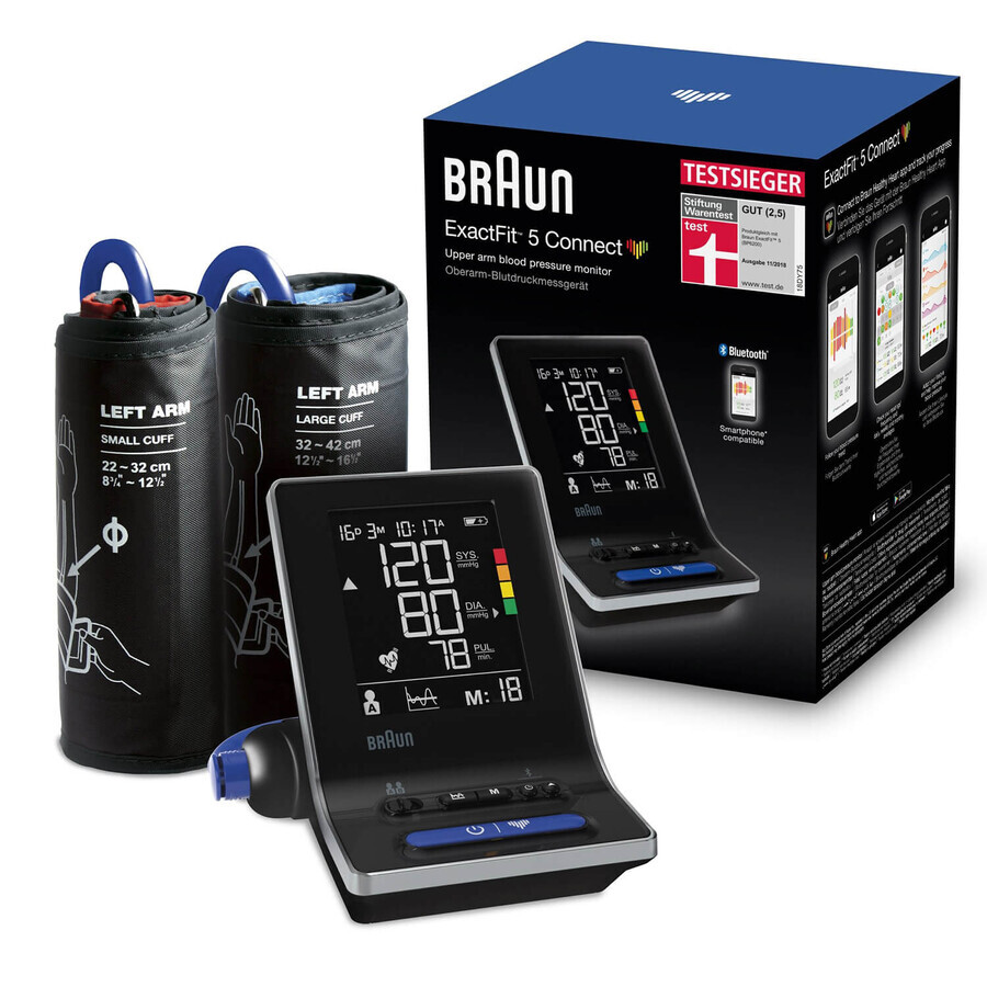 Braun Exactfit 5 Connect BUA6350, tensiómetro automático de brazo, con Bluetooth, con 2 manguitos, con pantalla LCD