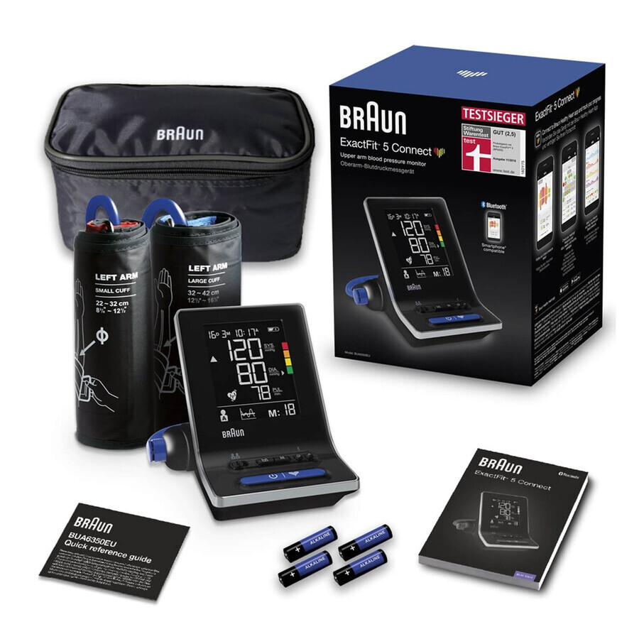 Braun Exactfit 5 Connect BUA6350, tensiómetro automático de brazo, con Bluetooth, con 2 manguitos, con pantalla LCD