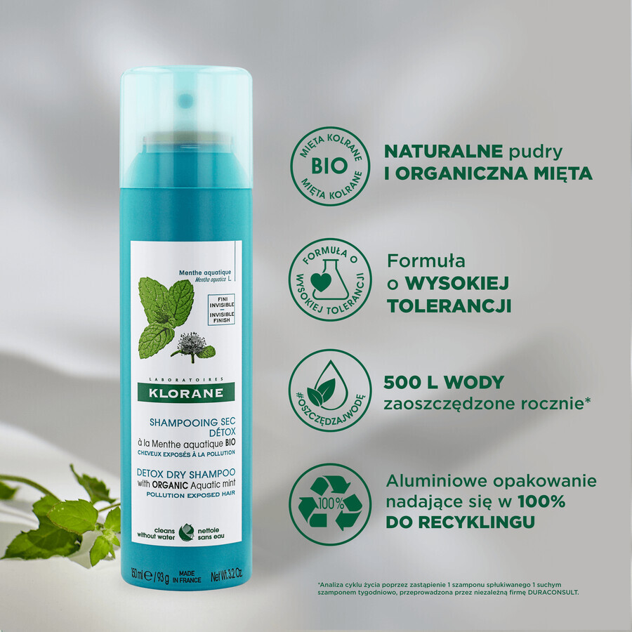 Klorane Detoxifying Dry Shampoo with Organic Aquatic Mint, 150 ml