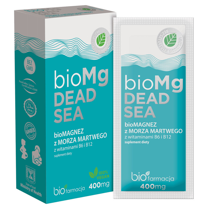 Biofarmacja BioMg Mar Muerto, biomagnesio con vitaminas B6 y B12, 2,7 gx 7 sobres