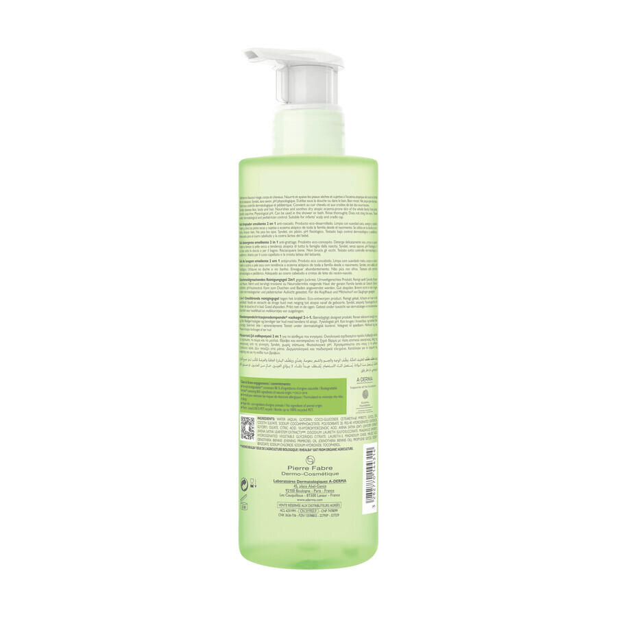 A-Derma Exomega Control 2en1, gel emoliente para lavar el cuerpo, la cara y el cabello, desde el nacimiento, 500 ml