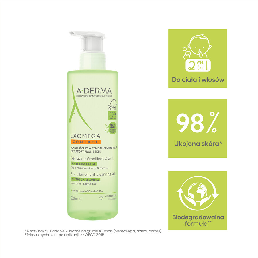 A-Derma Exomega Control 2en1, gel emoliente para lavar el cuerpo, la cara y el cabello, desde el nacimiento, 500 ml