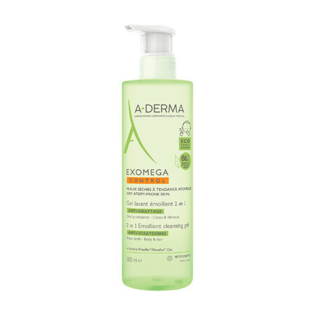 A-Derma Exomega Control 2en1, gel emoliente para lavar el cuerpo, la cara y el cabello, desde el nacimiento, 500 ml