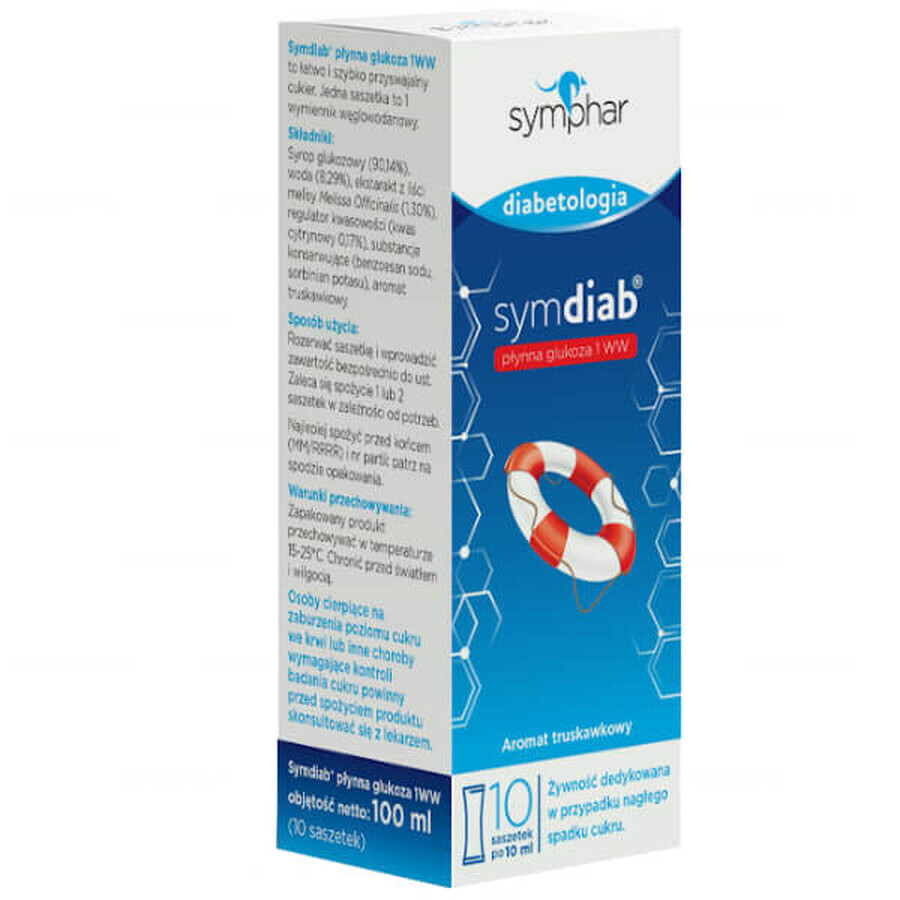 Symdiab Glucosa líquida 1WW, sabor fresa, 10 sobres