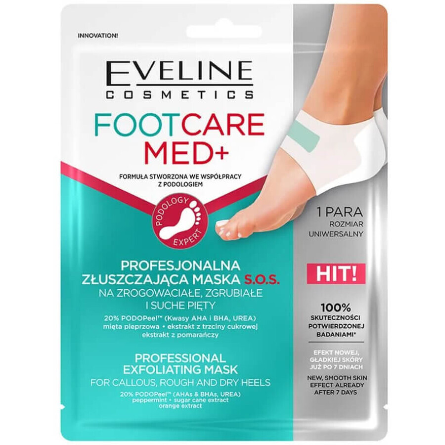 Eveline Cosmetics Foot Care Med+, maschera S.O.S. esfoliante professionale per talloni callosi e secchi, 1 coppia