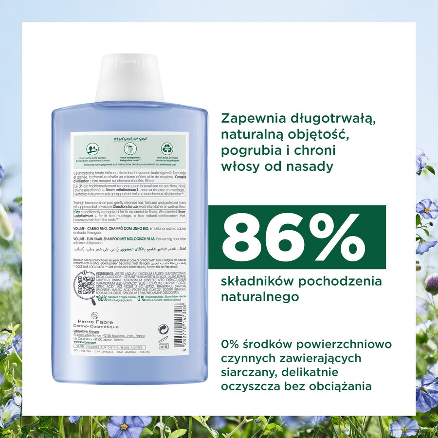 Klorane, Shampoo auf Flachsfaserbasis für dünnes und glanzloses Haar, 400 ml