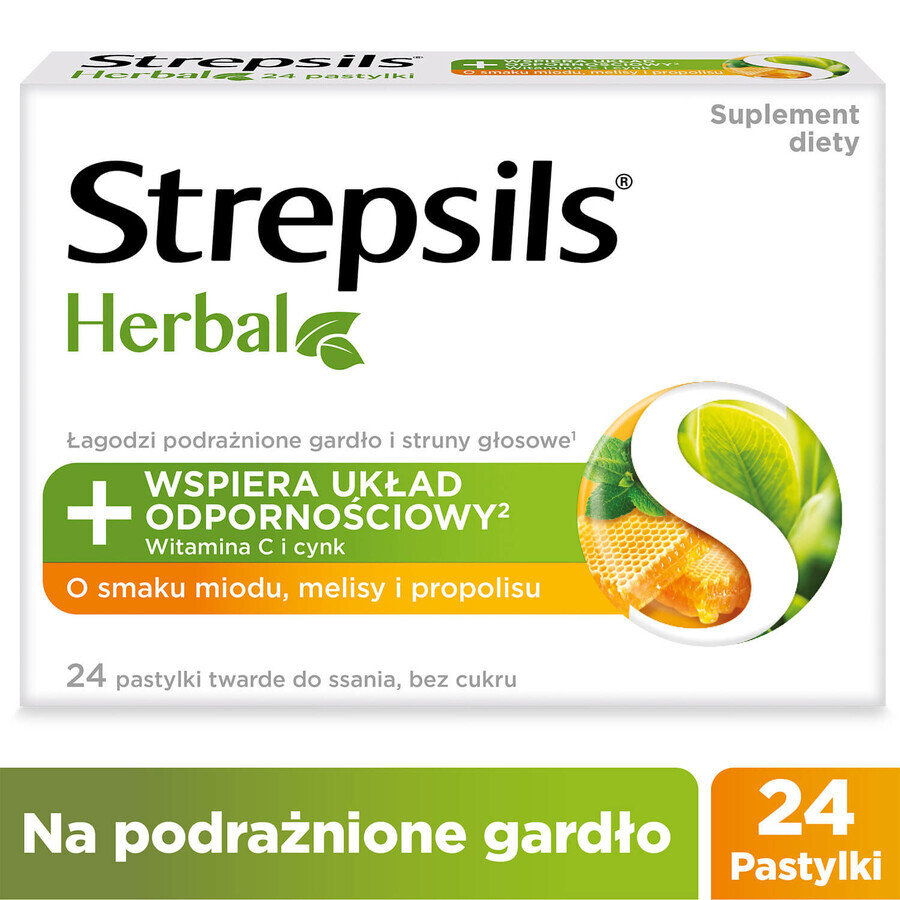 Strepsils Herbal, flavored with honey, melissa and propolis, sugar free, 24 tablets