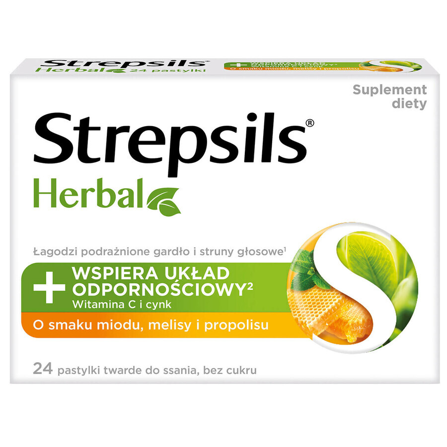 Strepsils Herbal, flavored with honey, melissa and propolis, sugar free, 24 tablets