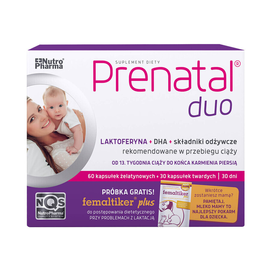 Prenatal Duo, 30 gélules + 60 gélules + Femaltiker Plus, goût caramel, 1 sachet gratuit EMBALLAGE CONTAMINE