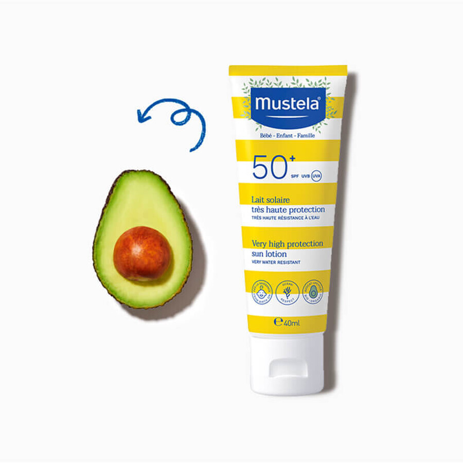 Mustela Sun Bebe Enfant-Famille, leche solar cara y cuerpo, FPS 50+, 40 ml ENVASE DEFECTUADO