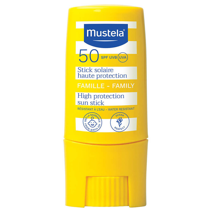 Mustela Sun Family, barra de protección solar para partes seleccionadas de la cara y el cuerpo, desde el nacimiento, SPF 50, 9 ml