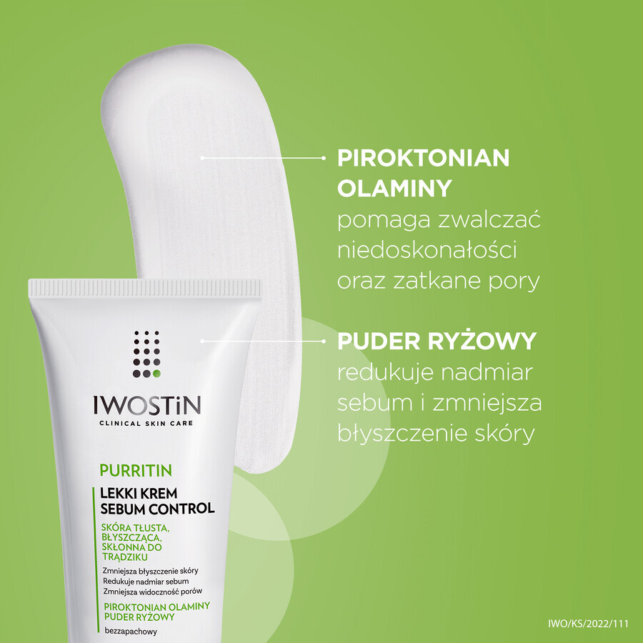 Iwostin Purritin, Sebum Control crème légère, peau grasse, brillante, acnéique, 60 ml