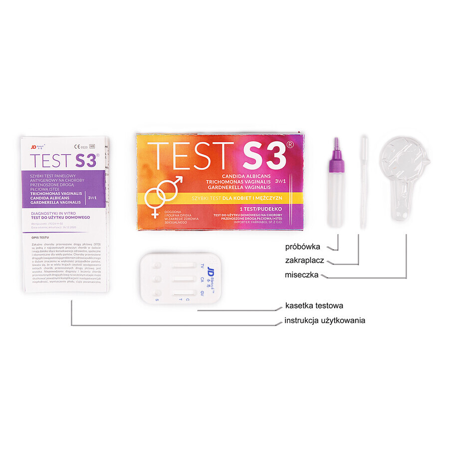 JD Biotech Test S3, test rápido de antígenos para enfermedades de transmisión sexual 3en1, 1 pieza