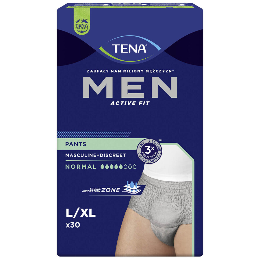 Tena Men Active Fit Pants, calzoncillos absorbentes para hombre, talla L/XL, 95-130 cm, Normal, 30 unidades