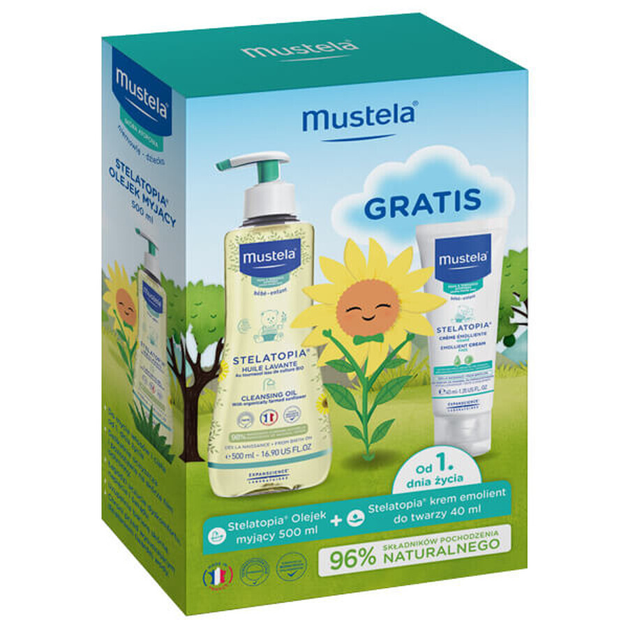 Mustela Stelatopia, aceite limpiador desde el nacimiento, 500 ml + crema emoliente facial, 40 ml gratis