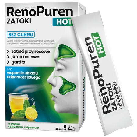 RenoPuren Zatoka Hot Sin azúcar, sabor limón-menta, 8 sobres