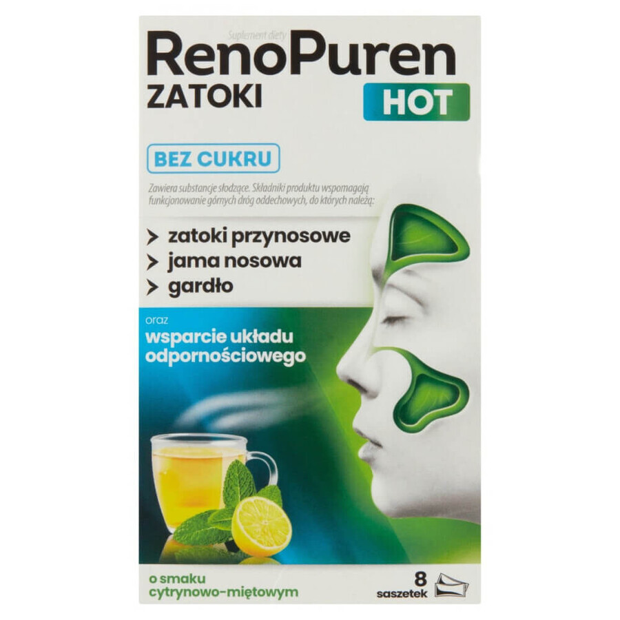 RenoPuren Zatoka Hot Sin azúcar, sabor limón-menta, 8 sobres