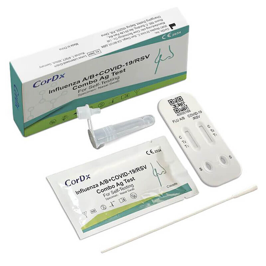 CorDx Influenza A/B + COVID-19/RSV Combo Ag, prueba de antígeno para 4 virus, 1 pieza