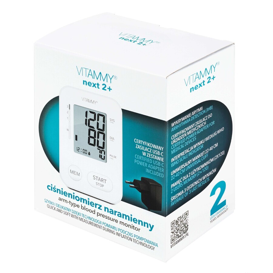 Vitammy Next 2+, tensiómetro automático de brazo con fuente de alimentación