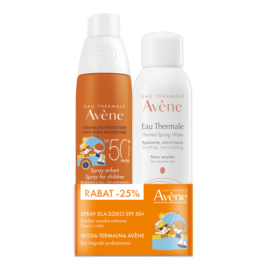 Avene set, spray protector impermeable para rostro y cuerpo para niños, piel sensible, SPF 50+, 200 ml + agua termal, 150 ml