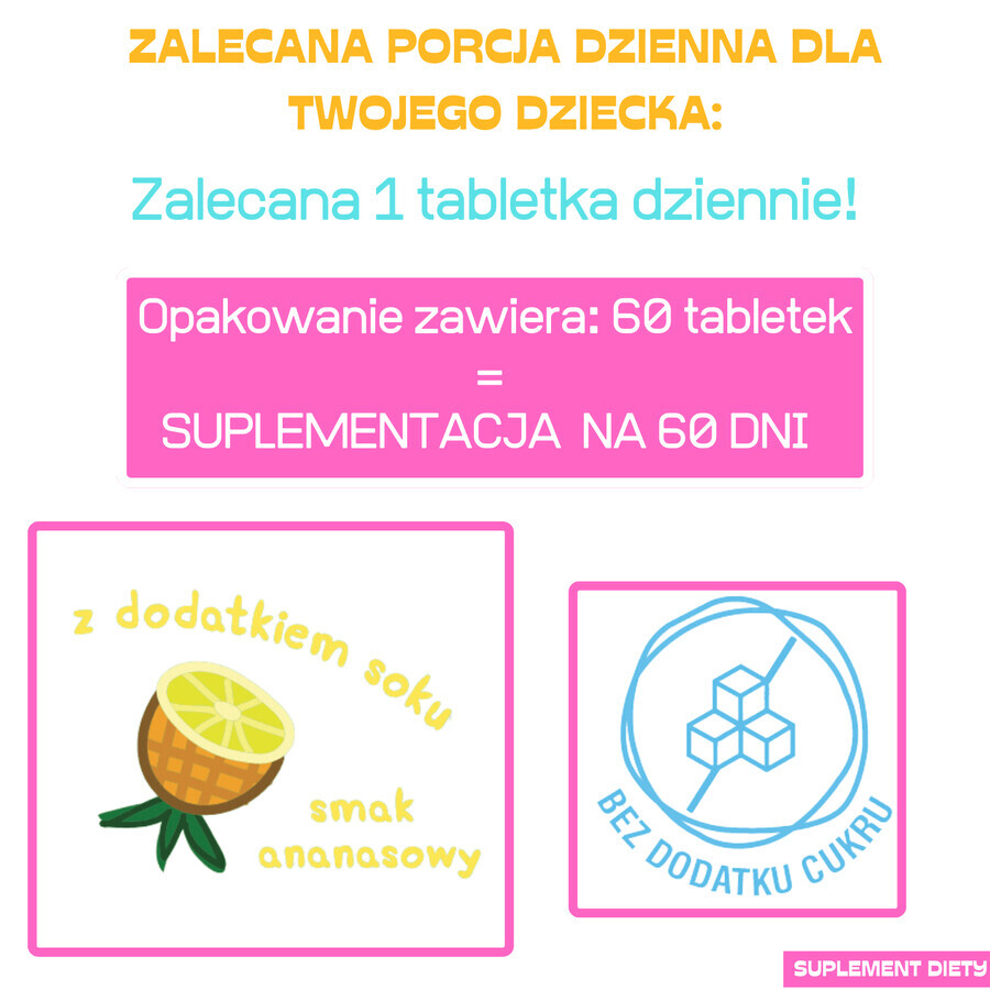 Vitamina D3 efervescente Peppa Pig, a partir de 3 años, sabor piña, 60 pastillas