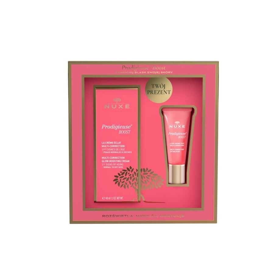 Coffret Nuxe Prodigieuse Boost, crème illuminatrice pour le visage, peaux sèches, 40 ml + baume gel pour les yeux, 15 ml