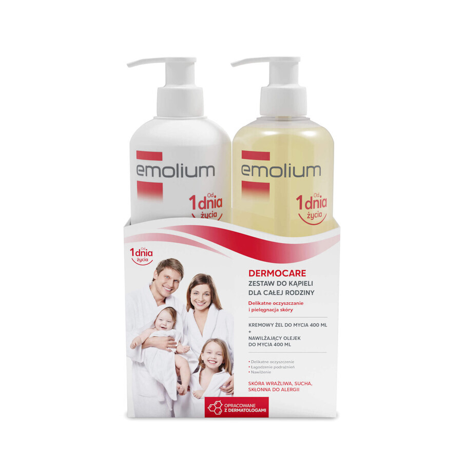 Emolium Dermocare Set, feuchtigkeitsspendendes Waschöl, ab 3 Monaten, 400 ml + cremiges Waschgel, ab 1 Monat, 400 ml