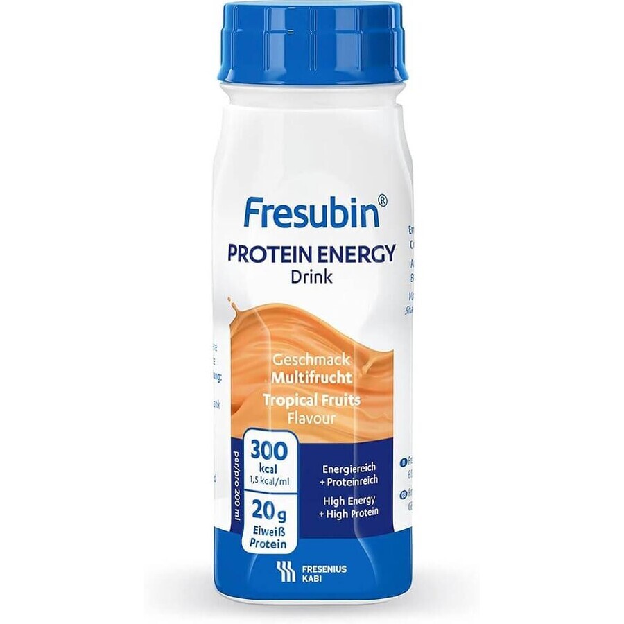 Fresubin Protein Energy Drink, preparado nutricional, sabor a frutas tropicales, 4 x 200 ml