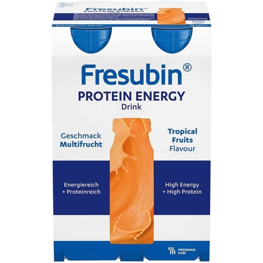 Fresubin Protein Energy Drink, preparado nutricional, sabor a frutas tropicales, 4 x 200 ml