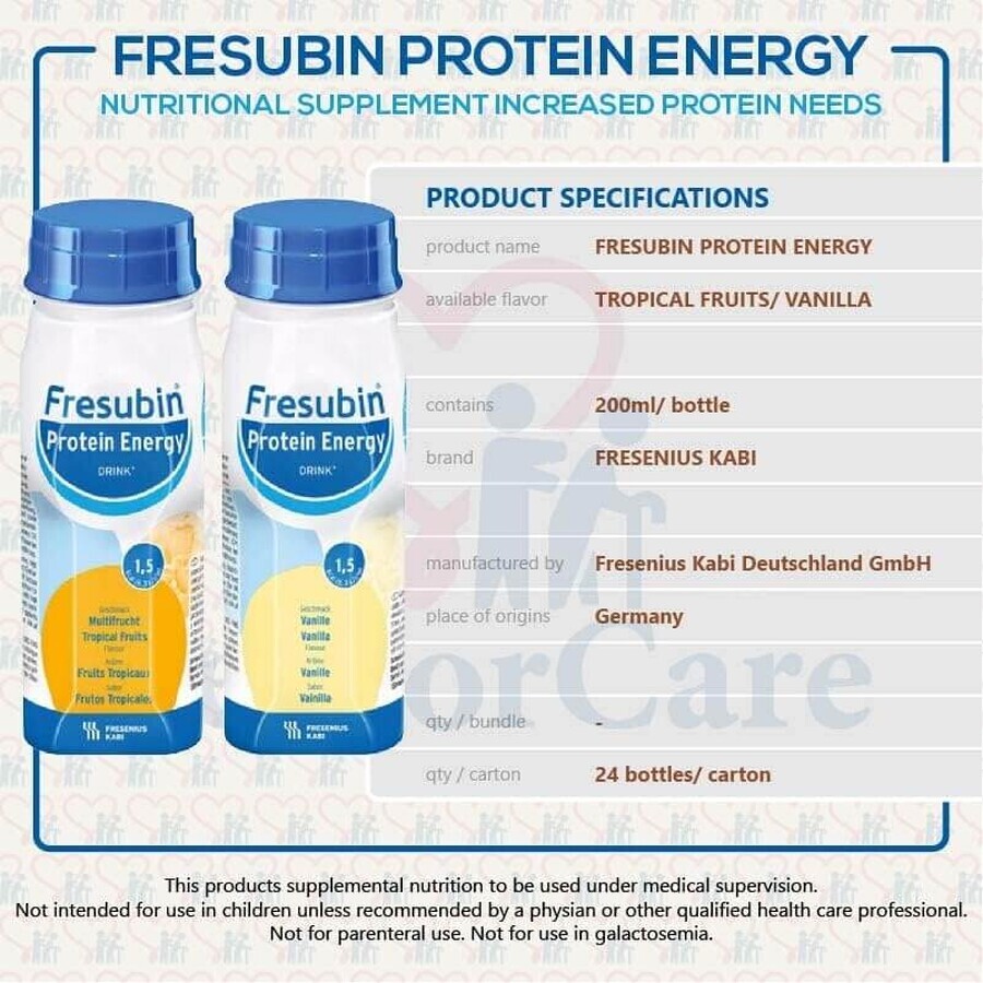 Fresubin Protein Energy Drink, preparado nutricional, sabor a frutas tropicales, 4 x 200 ml