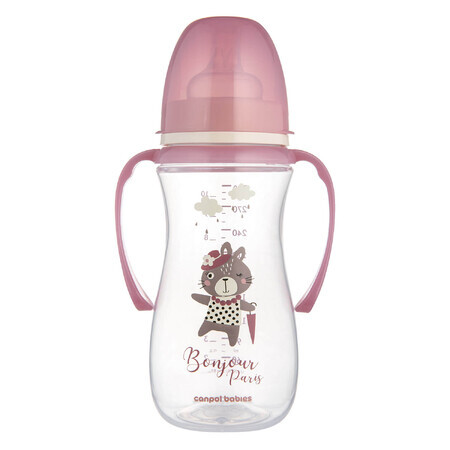 Canpol Babies Easy Start, biberón anticólicos, boca ancha, con asas, Bonjur Paris, rosa, a partir de 12 meses, 300 ml