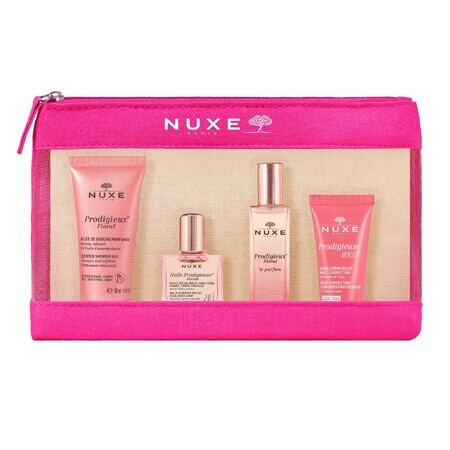 Nuxe Prodig Floral set cu geantă de machiaj, gel de duș, 30 ml + ulei, 10 ml + parfum, 15 ml + cremă, 15 ml