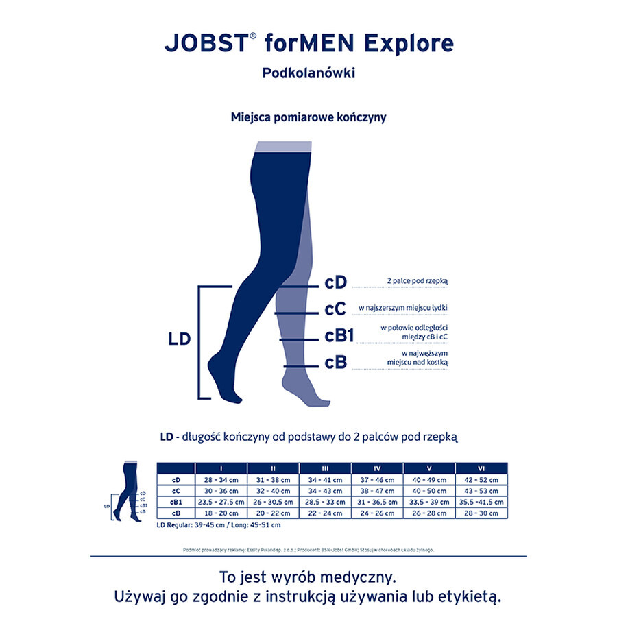 Jobst For Men Explore, chaussettes de compression pour le genou, CCL2, bout fermé, taille 2, bleu marine