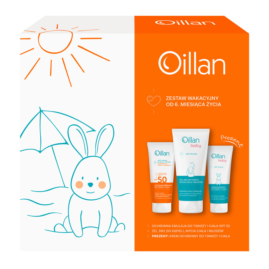 Oillan Sun set, emulsión protectora para rostro y cuerpo, SPF 50, 100 ml + gel de baño 3 en 1, 200 ml + crema protectora, 75 ml gratis