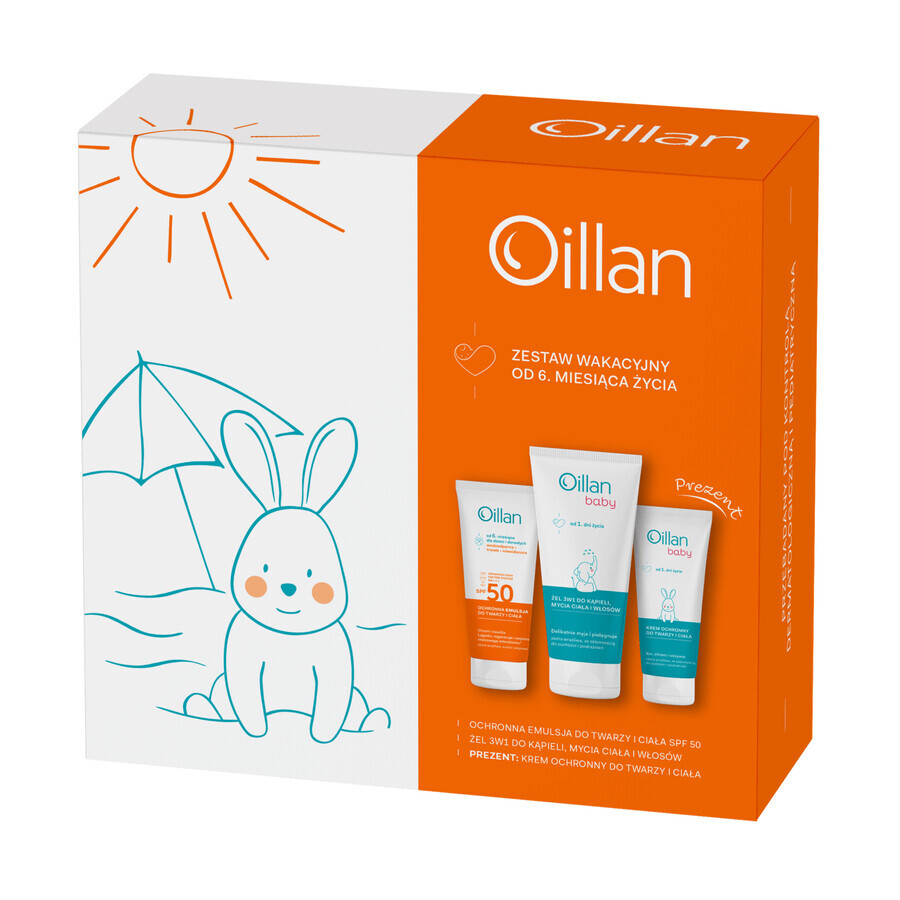 Oillan Sun set, emulsión protectora para rostro y cuerpo, SPF 50, 100 ml + gel de baño 3 en 1, 200 ml + crema protectora, 75 ml gratis