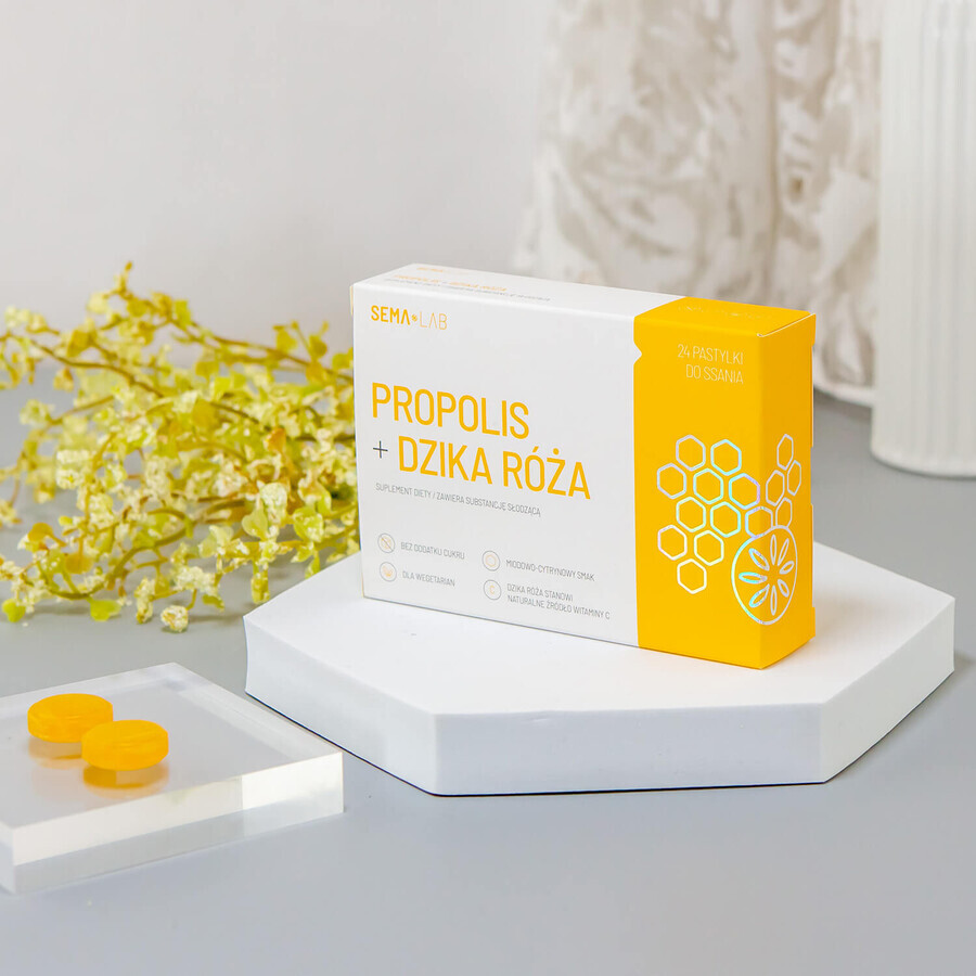 SEMA Lab Propóleo + Rosa silvestre, sabor miel-limón, 24 pastillas