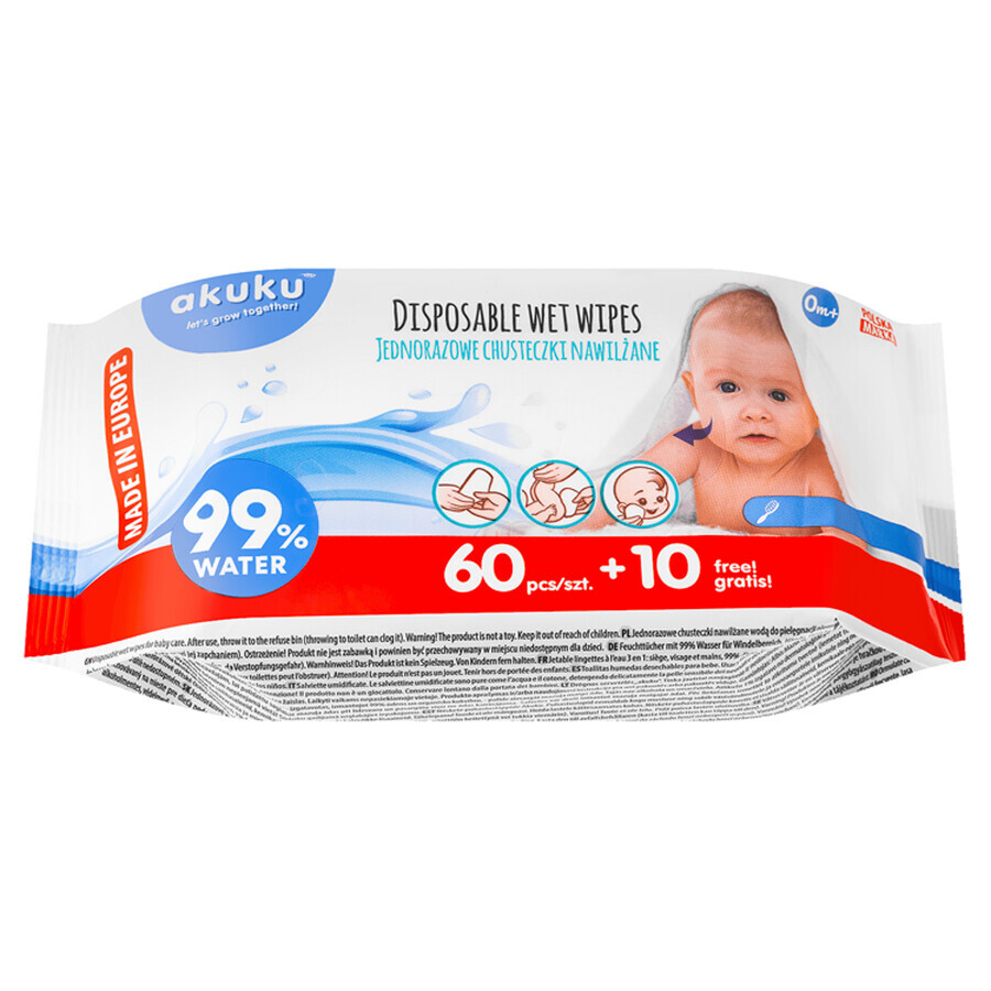 AKUKU, lingettes humidifiées à l'eau, A0031, dès la naissance, 60 pièces + 10 gratuites