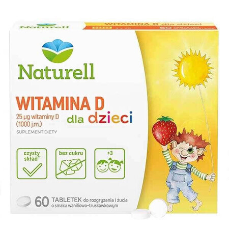 Naturell Vitamine D pour enfants 1000 UI, vanille et fraise, 60 comprimés à croquer