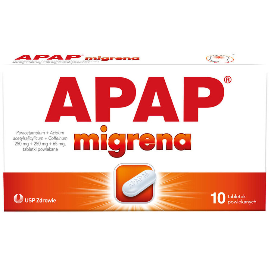 Apap Migraine 250 mg + 250 mg + 65 mg, 10 filmomhulde tabletten