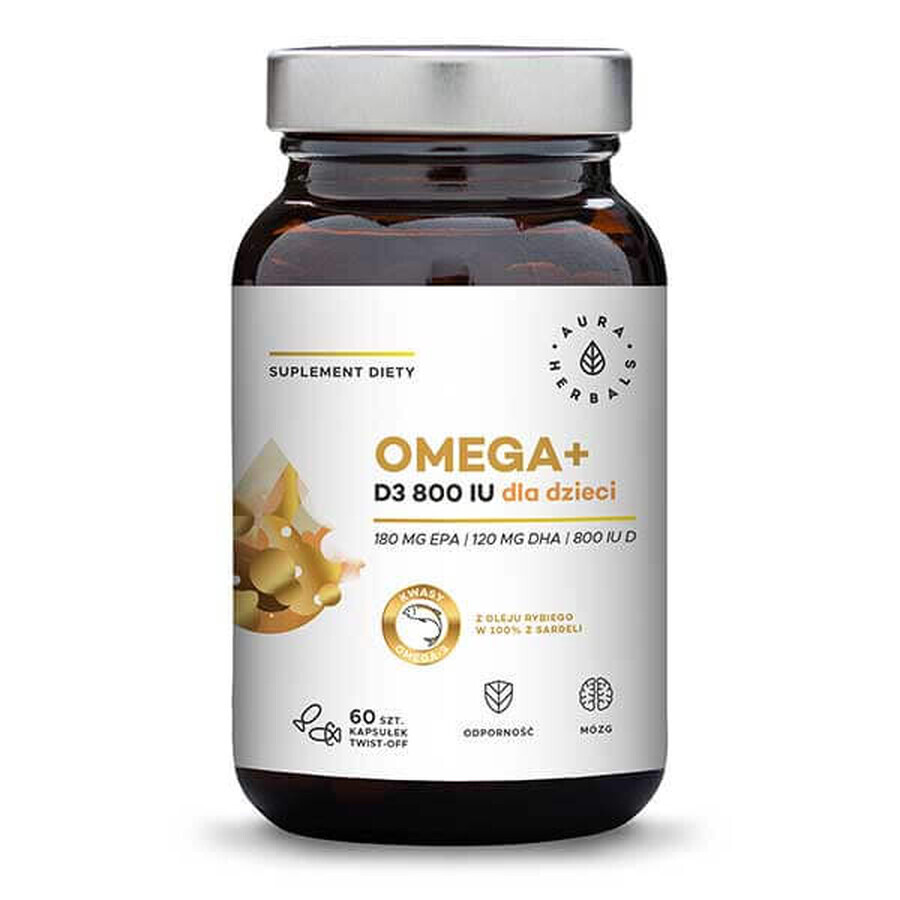 Aura Herbals Omega + Vitamina D3 800 UI para niños, 60 cápsulas giratorias